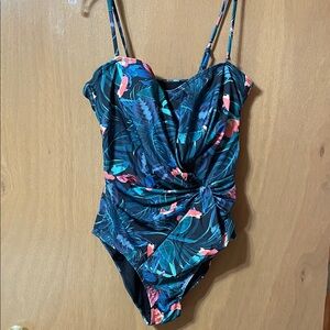 Nicole Miller Teal & Coral Tropical Twist One-Piece Swimsuit